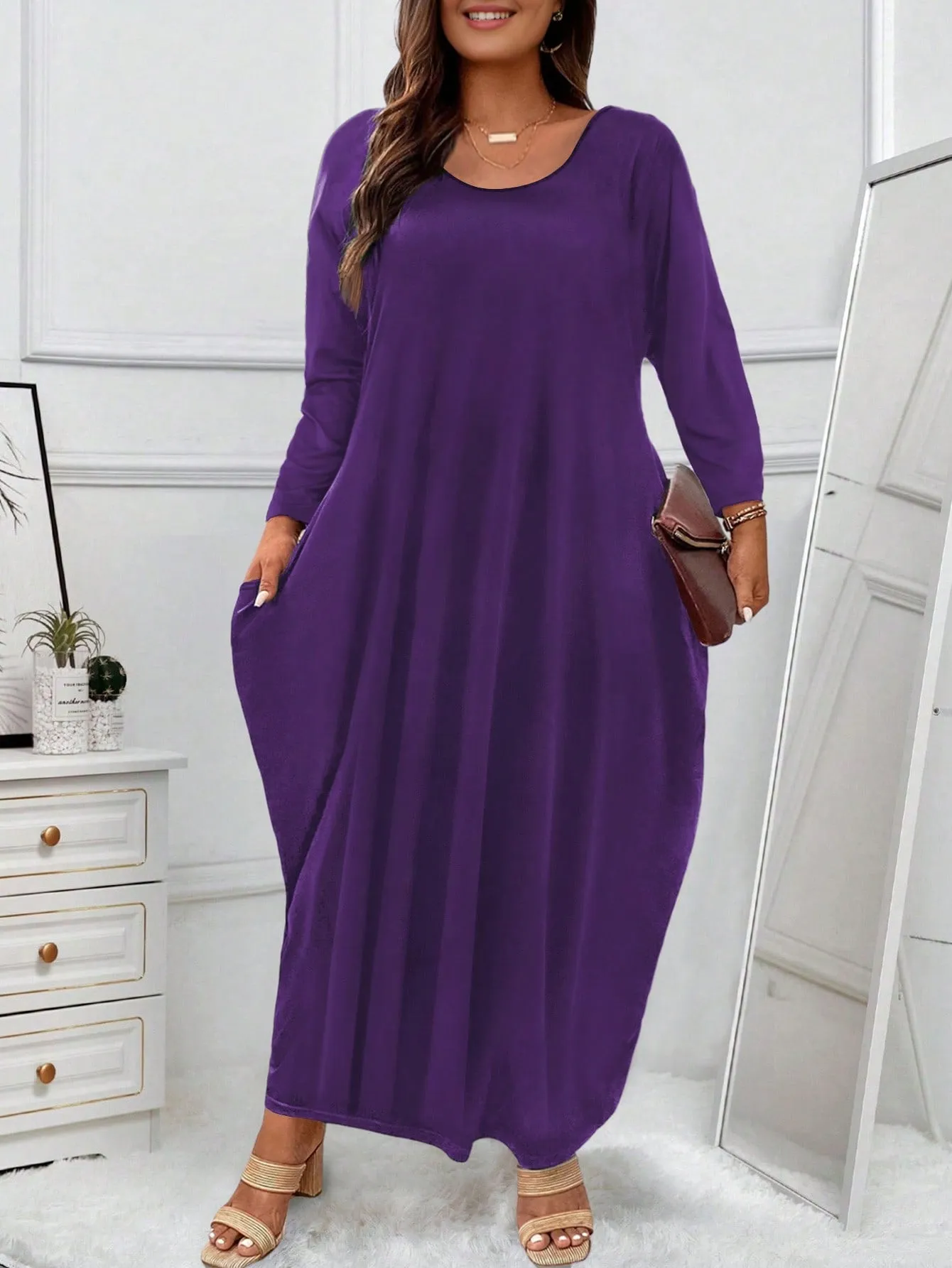 Plus Solid Hidden Pocket Maxi Tee Dress