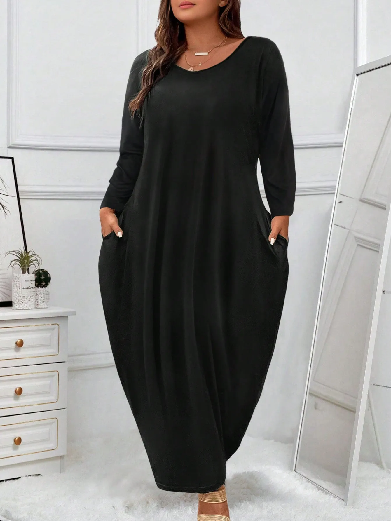 Plus Solid Hidden Pocket Maxi Tee Dress