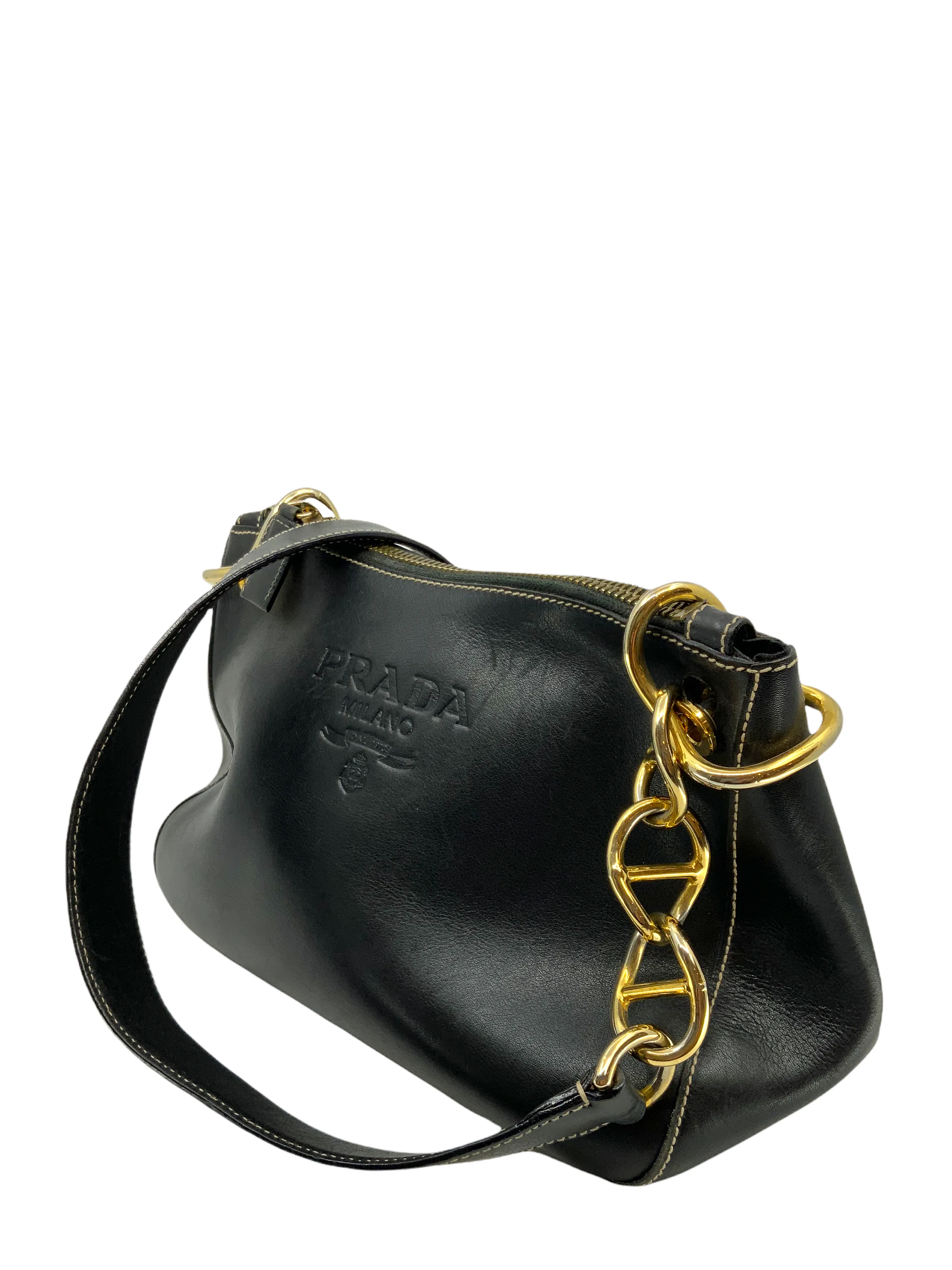 Prada Logo Embossed Leather Chain Link Shoulder Bag