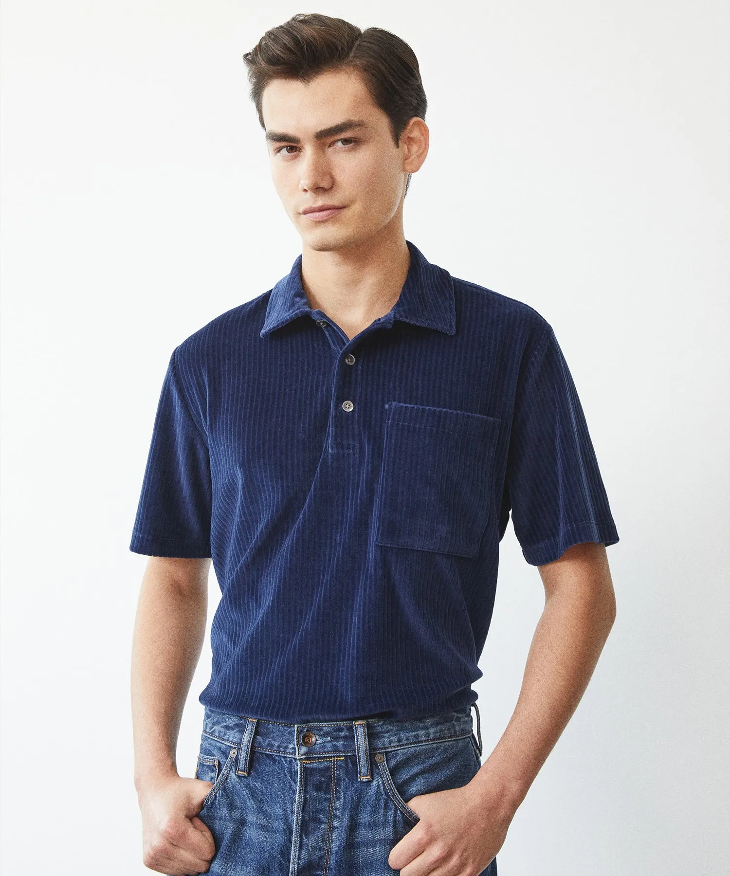 Ribbed Velour Polo in Classic Navy