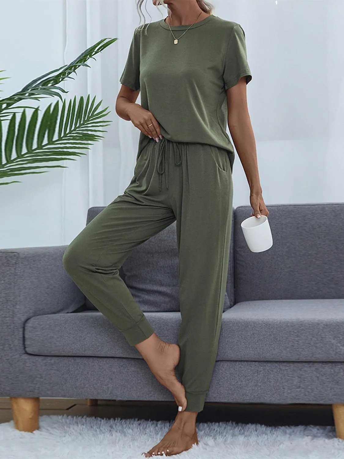 Round Neck Short Sleeve Top and Pants Set