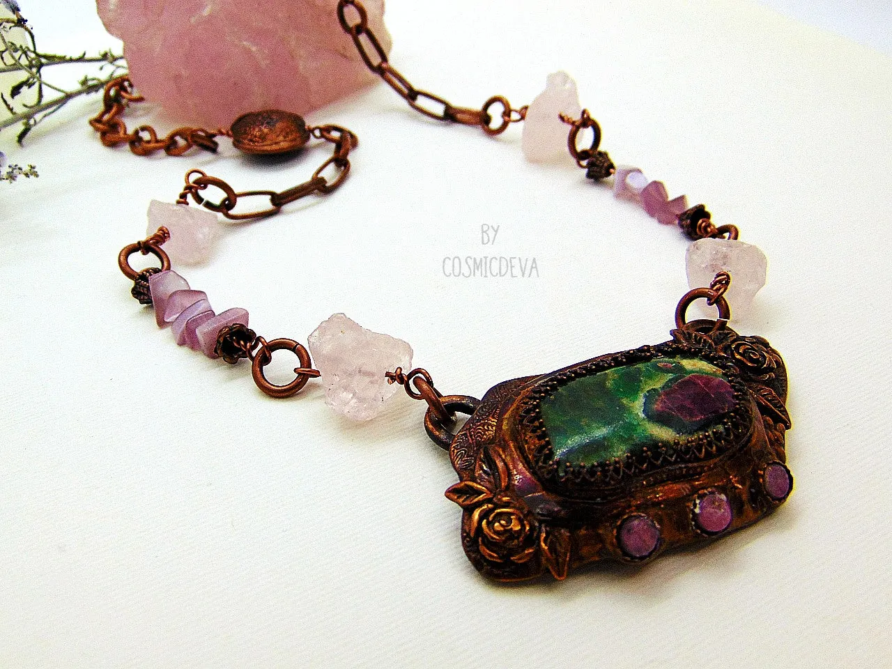 Ruby in Fuchsite - Raw Rose Quartz Copper Necklace