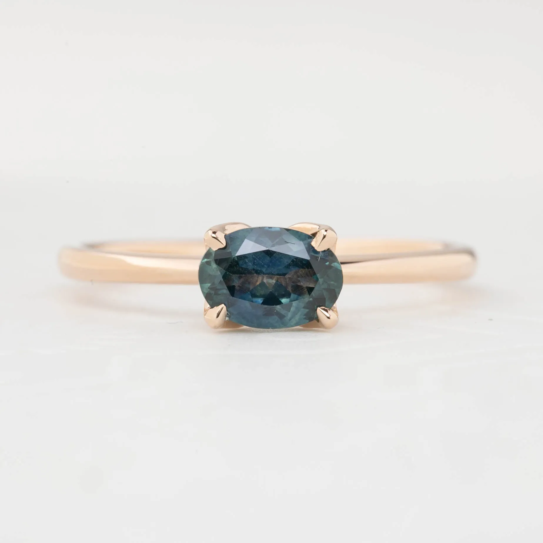 Sara Ring 0.86ct Blue Green East West Oval Montana Sapphire, 14k Rose Gold (One of a kind)