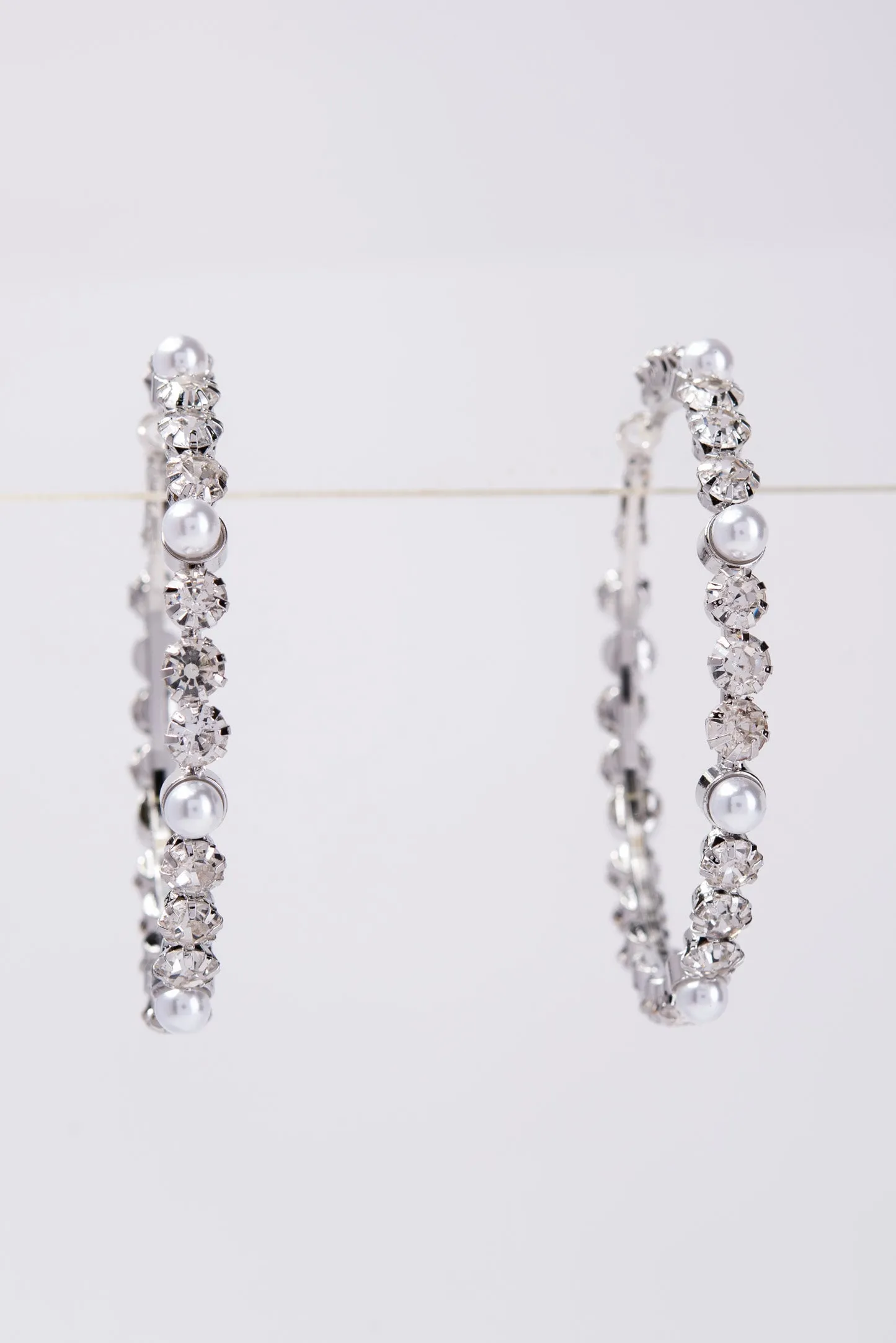 Sienna 60MM Pearl Rhinestone Hoop Earrings - Silver