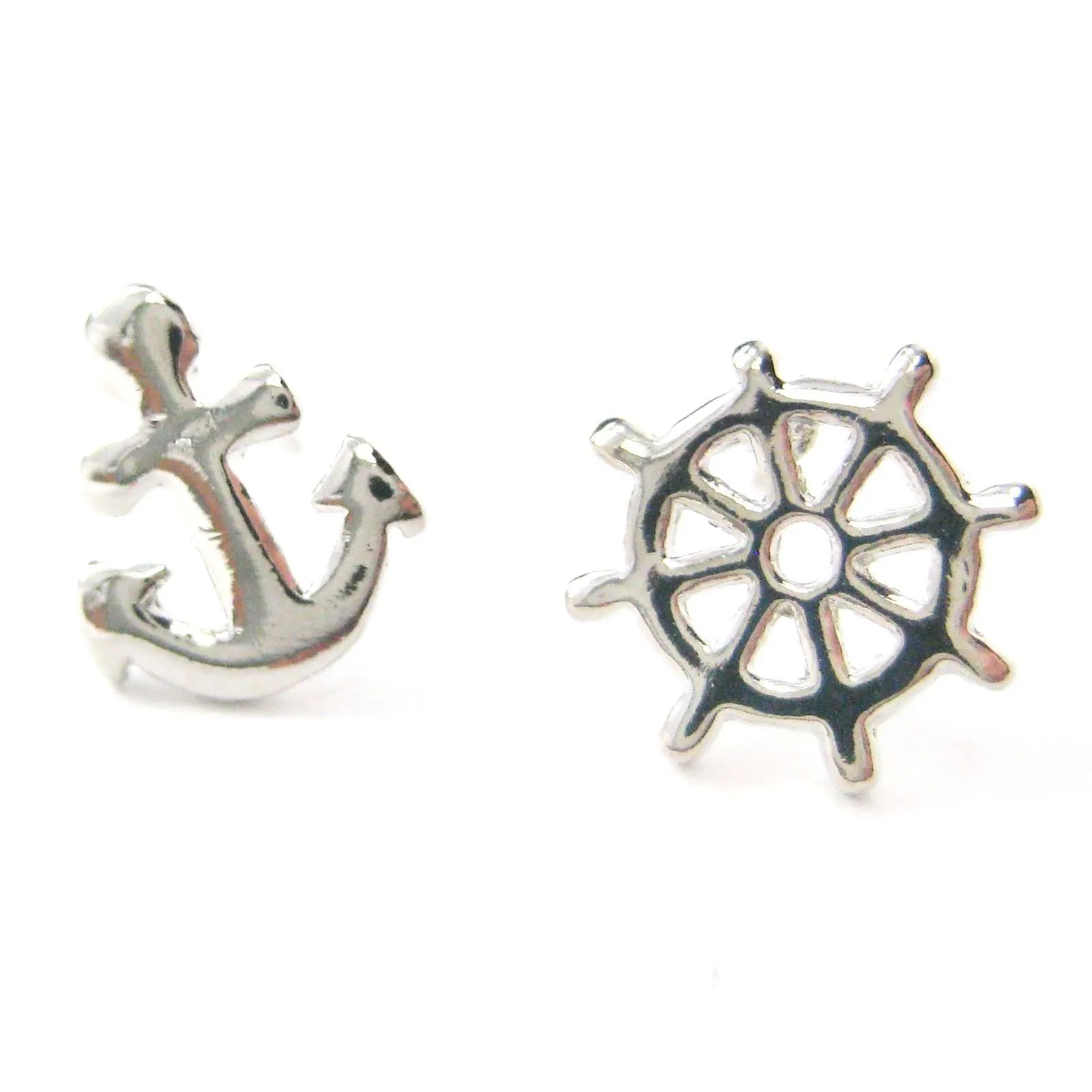 Small Anchor and Wheel Nautical Stud Earrings in Silver | DOTOLY