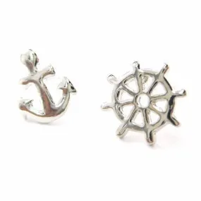 Small Anchor and Wheel Nautical Stud Earrings in Silver | DOTOLY