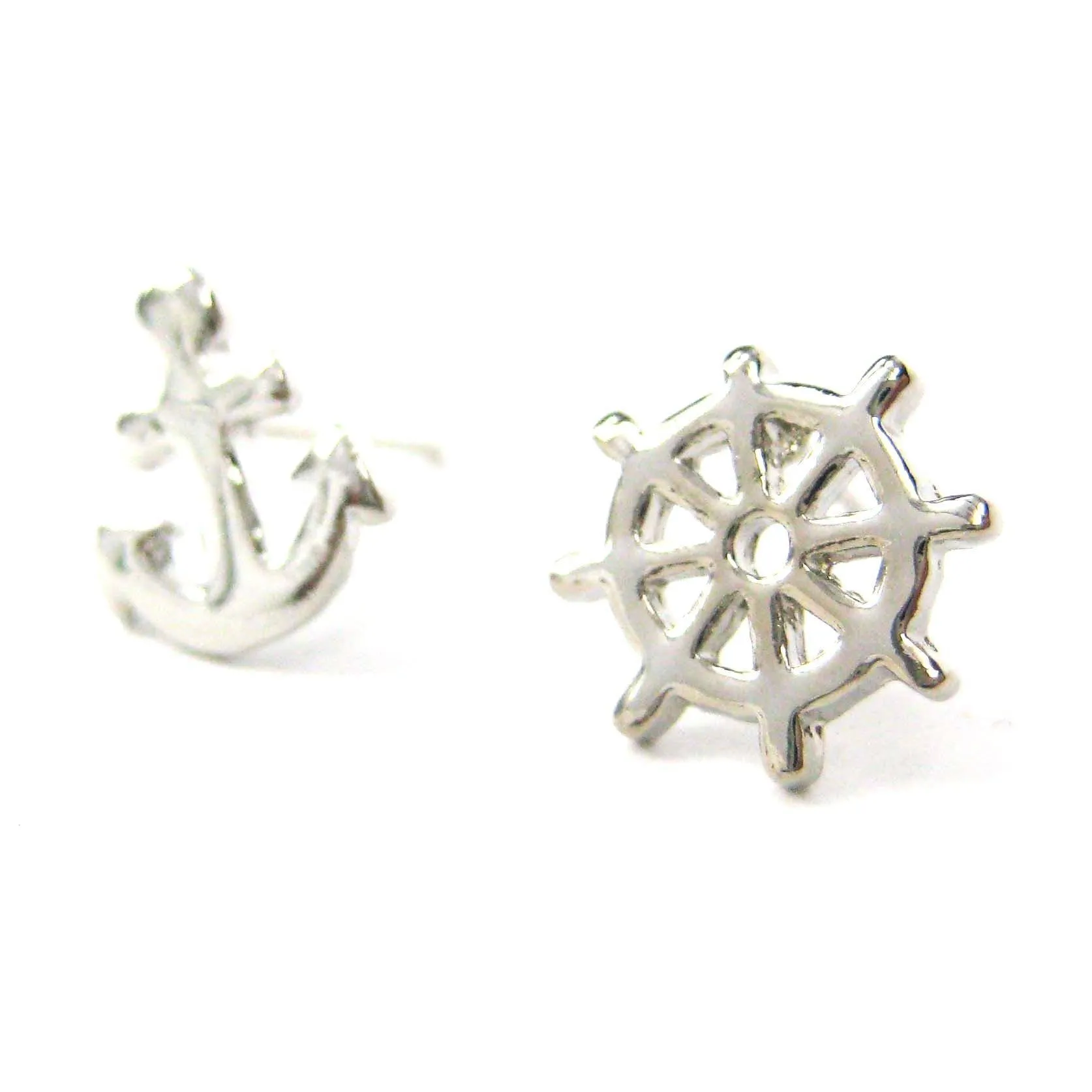 Small Anchor and Wheel Nautical Stud Earrings in Silver | DOTOLY