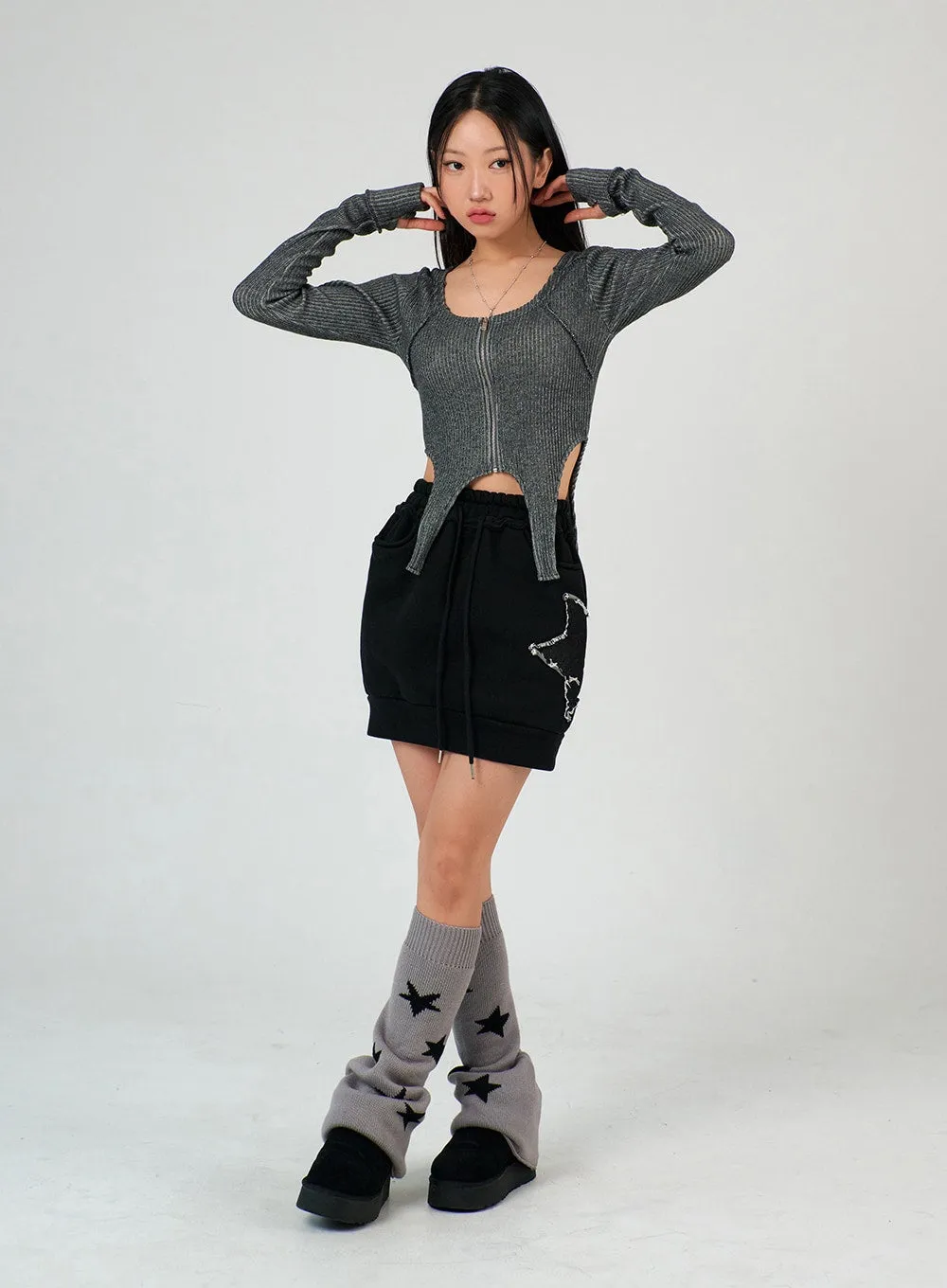 Solid Wool Blend Zip-Up Crop Top IJ402