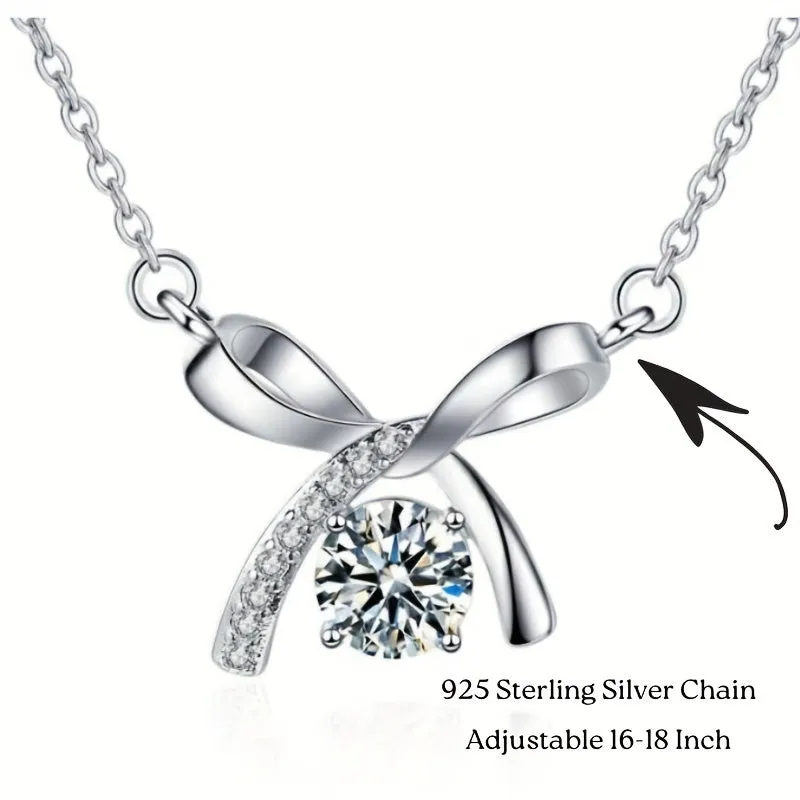 Stunning 0.5 Carat Round D Color VVS Moissanite Necklace - Elegant Bow Design - Silver 925 Plated - Perfect Pendant for Men - Sparkling Stone with Unmatched Brilliance