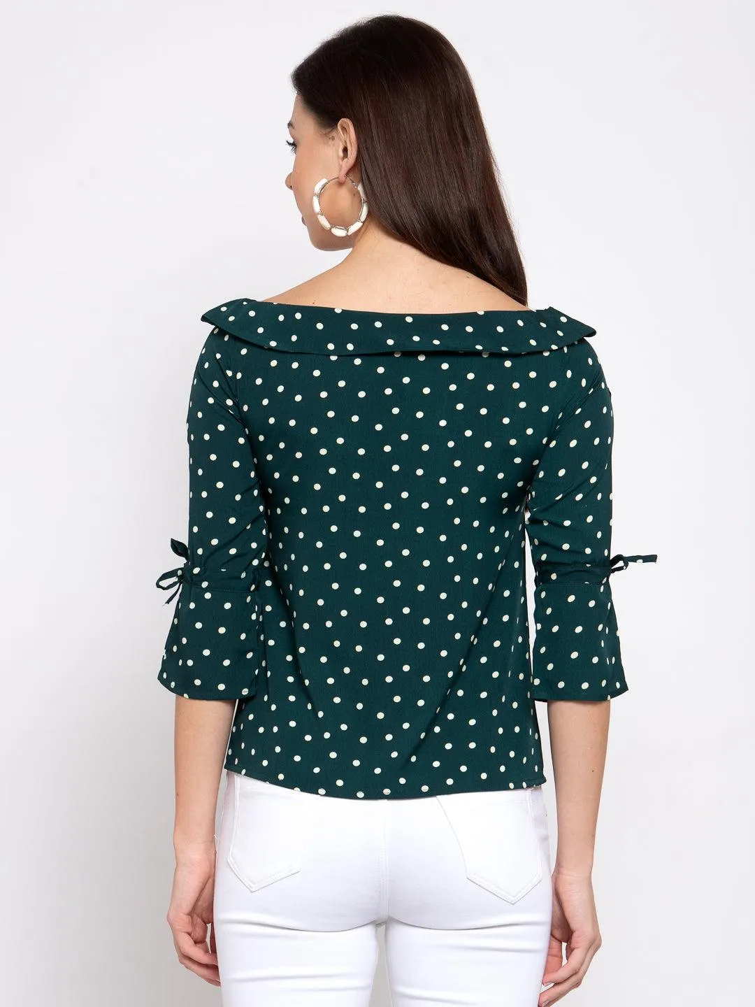 style quotient women Green and White polka printed polycrepe smart casual top