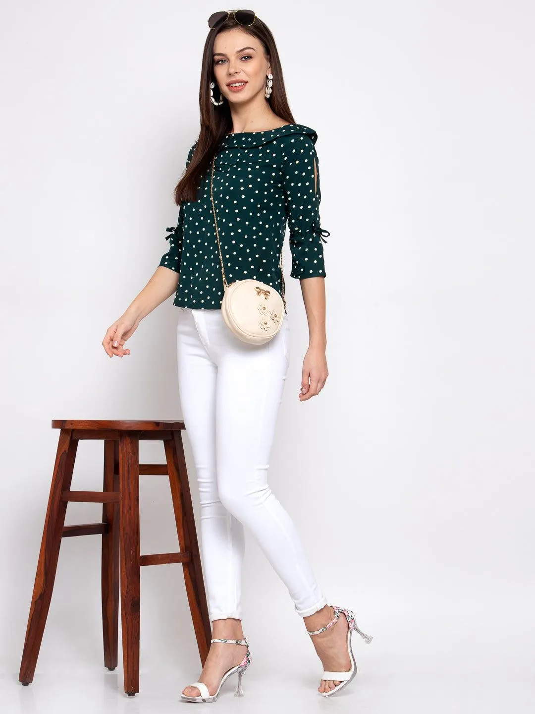 style quotient women Green and White polka printed polycrepe smart casual top