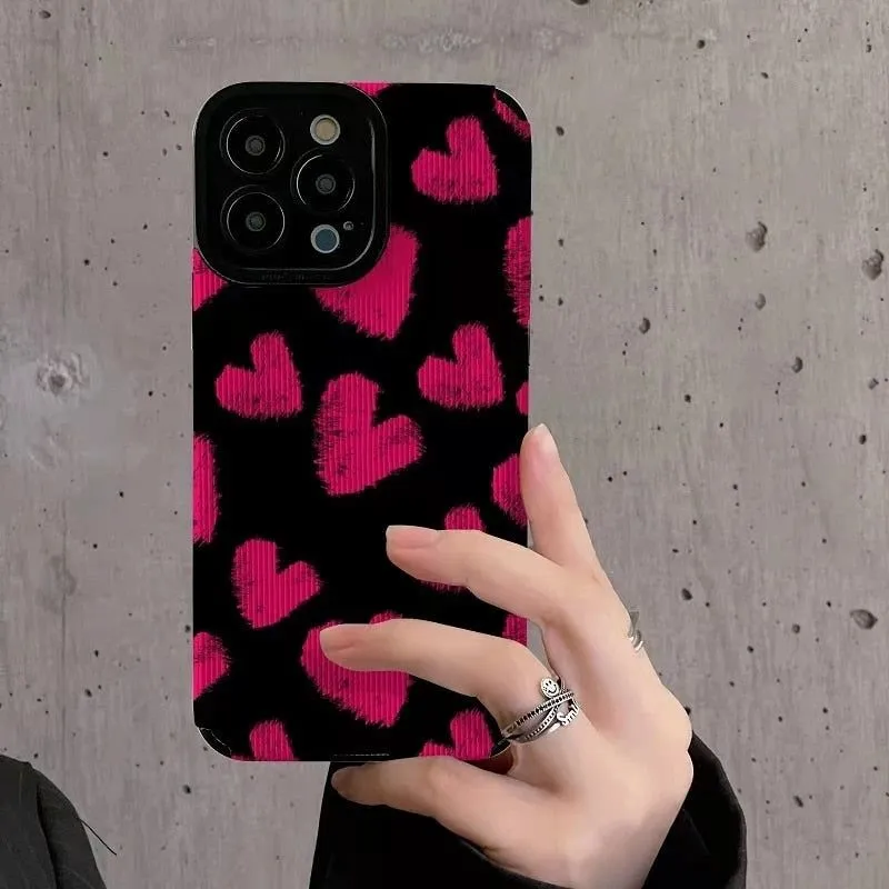 Stylish Pink Black Heart Pattern Cute Phone Cases For iPhone SE, 7, 8 Plus, X, XR, 11, 12 Pro, 13, 14 XS Max