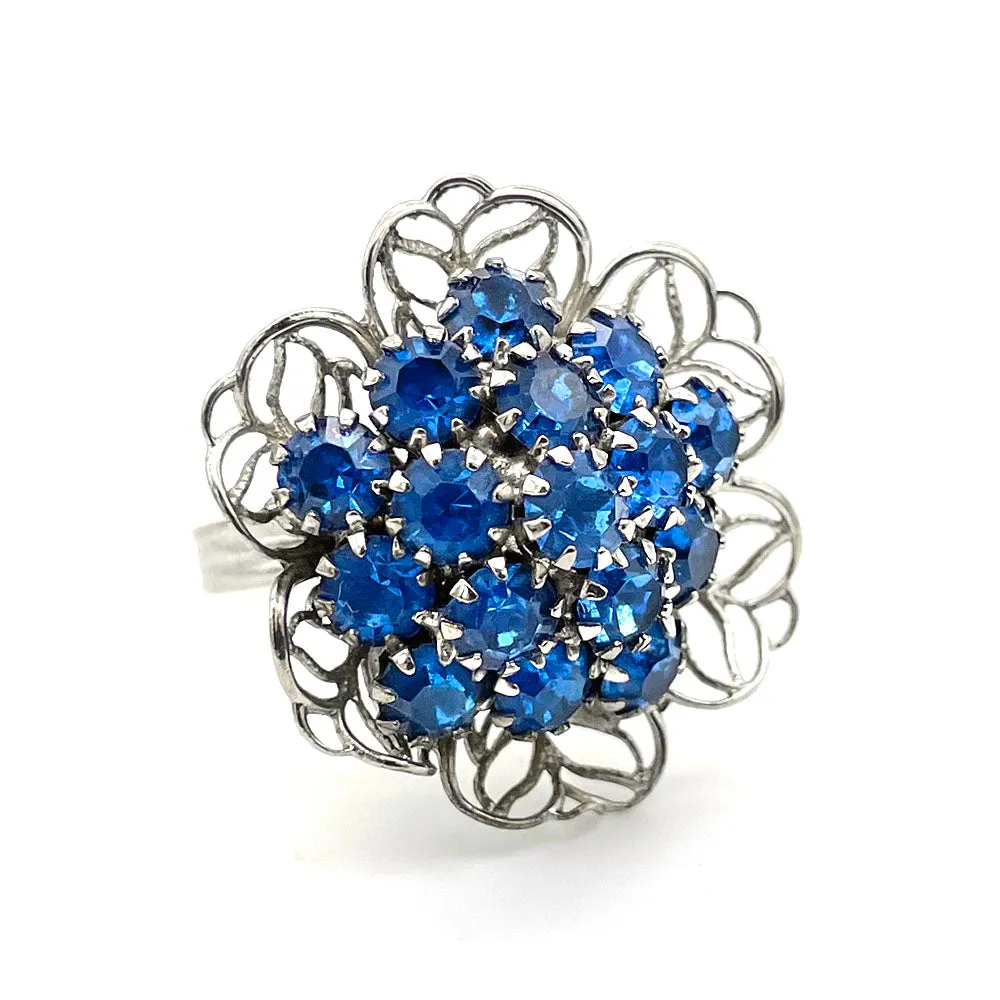 【USA輸入】ヴィンテージ ブルー フィリグリーフラワー ビジュー リング/Vintage Blue Filigree Flower Bijou Ring