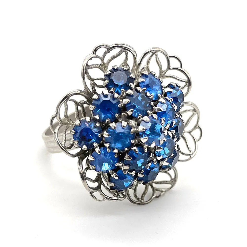 【USA輸入】ヴィンテージ ブルー フィリグリーフラワー ビジュー リング/Vintage Blue Filigree Flower Bijou Ring