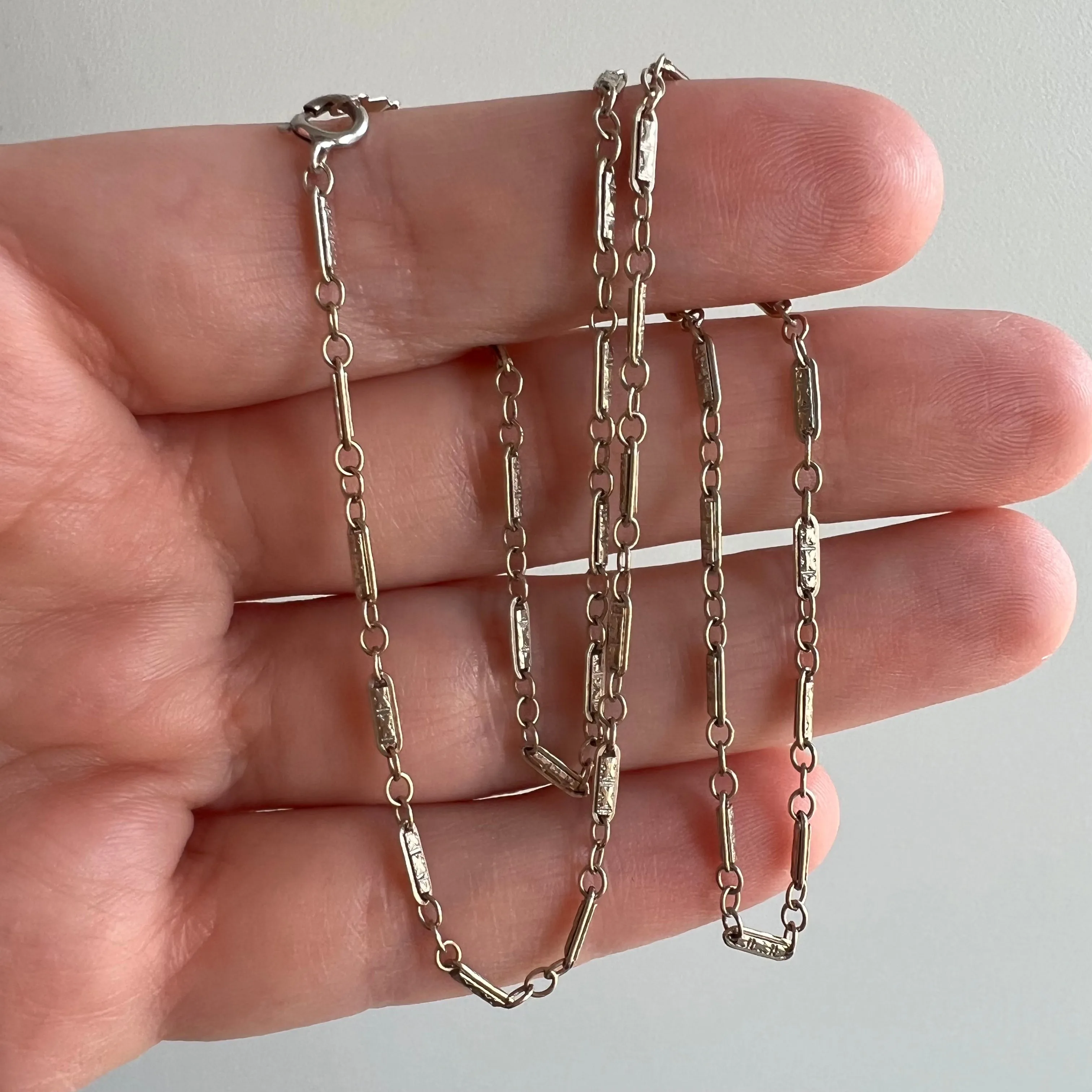 V I N T A G E // tiniest trombone / 14k white gold antique style fancy link chain / 15.75