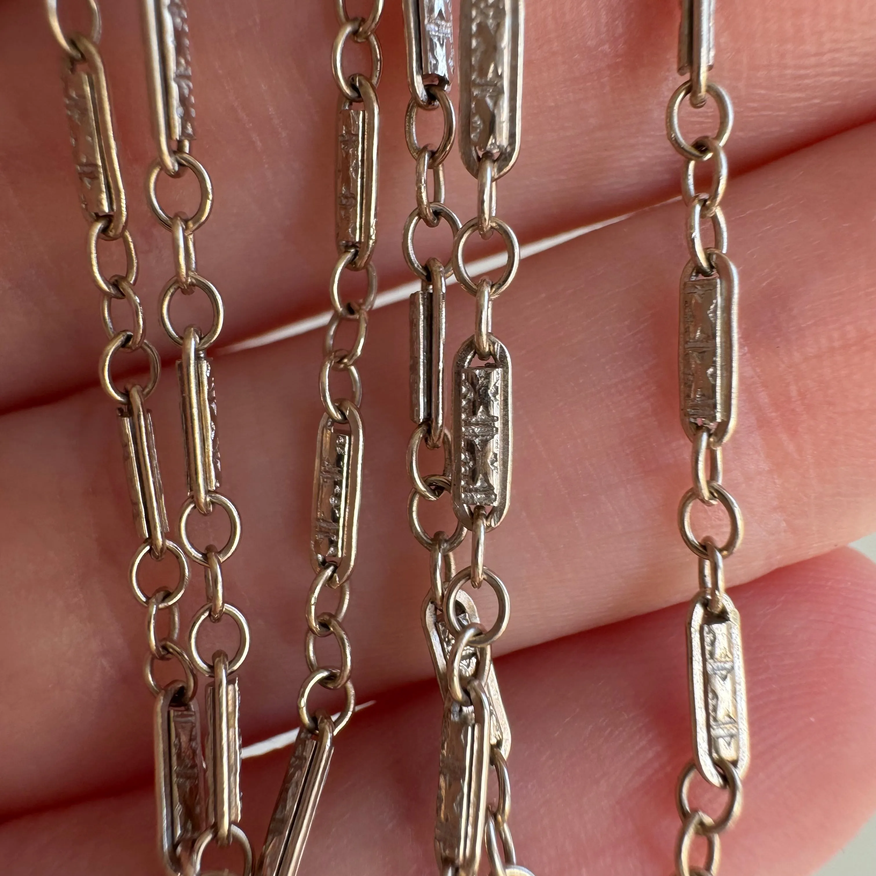 V I N T A G E // tiniest trombone / 14k white gold antique style fancy link chain / 15.75