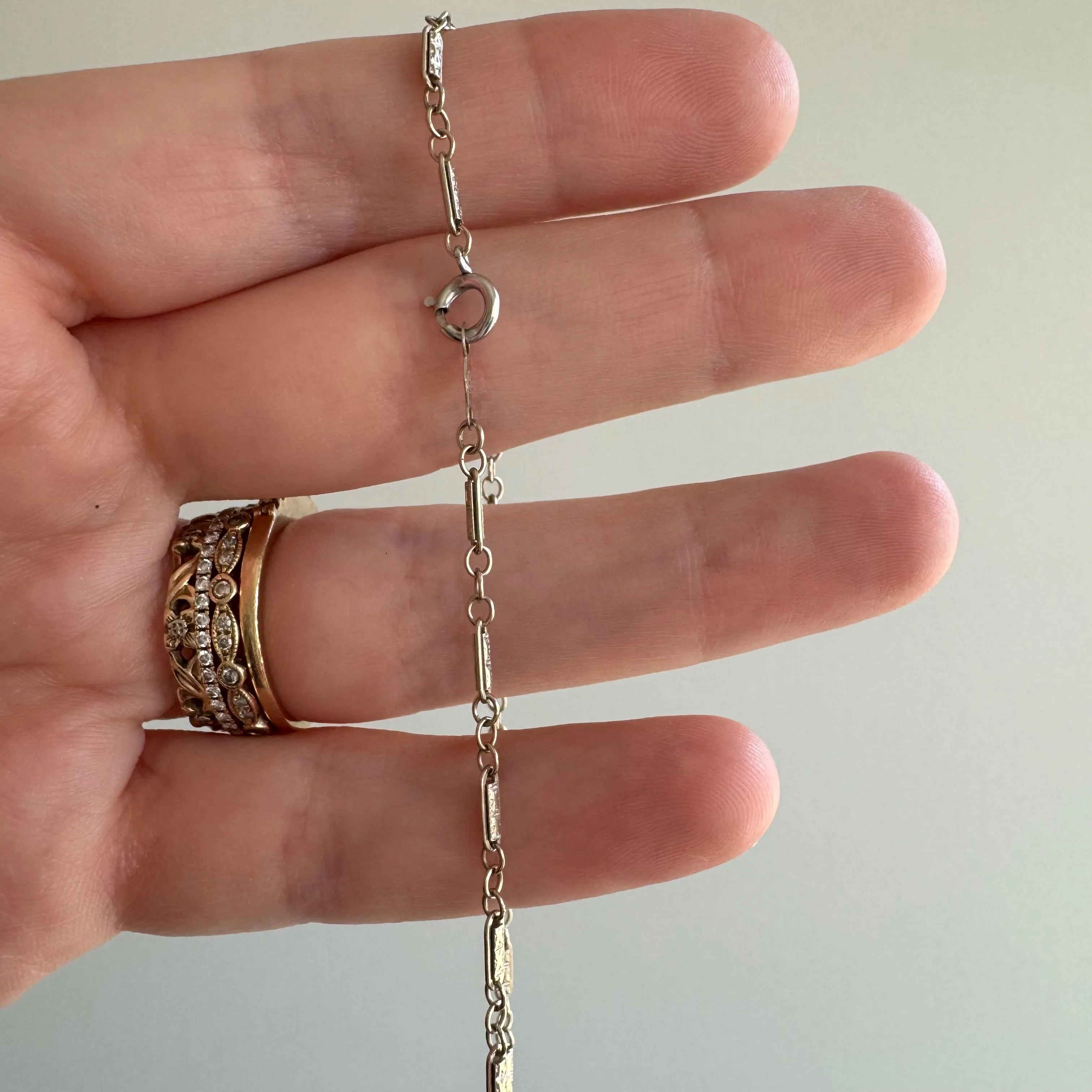 V I N T A G E // tiniest trombone / 14k white gold antique style fancy link chain / 15.75