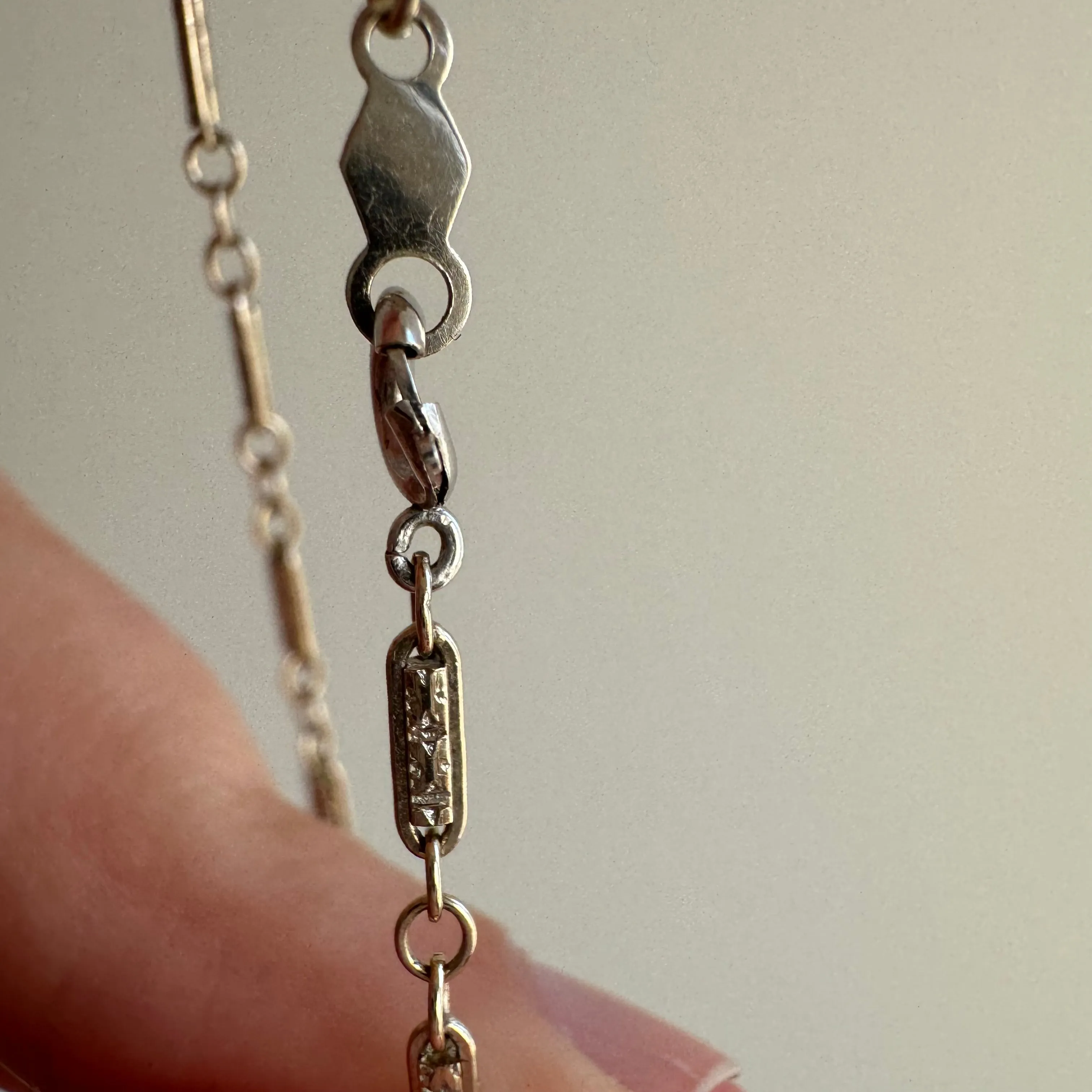 V I N T A G E // tiniest trombone / 14k white gold antique style fancy link chain / 15.75