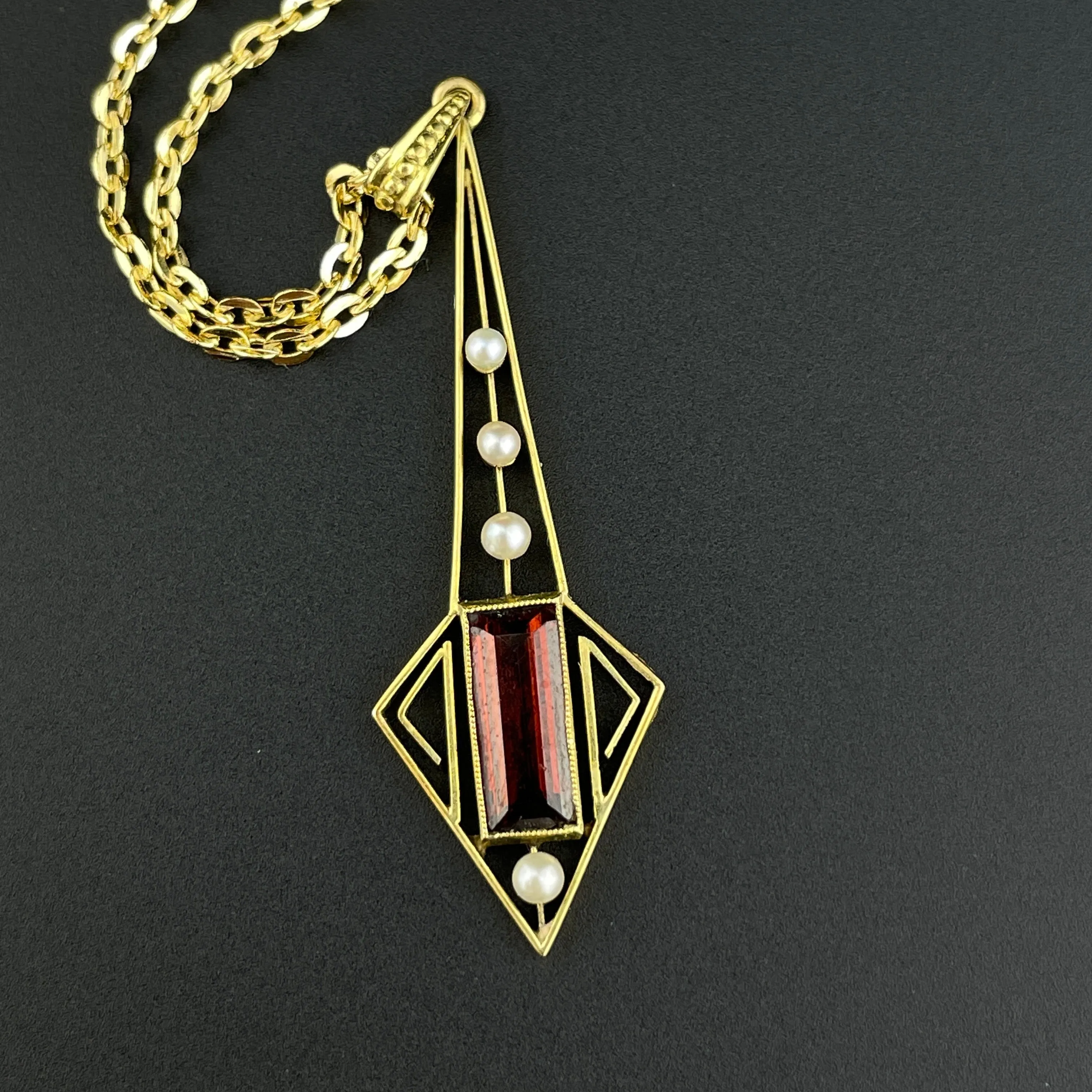 Vintage 10K Gold Art Deco Garnet Seed Pearl Pendant Necklace