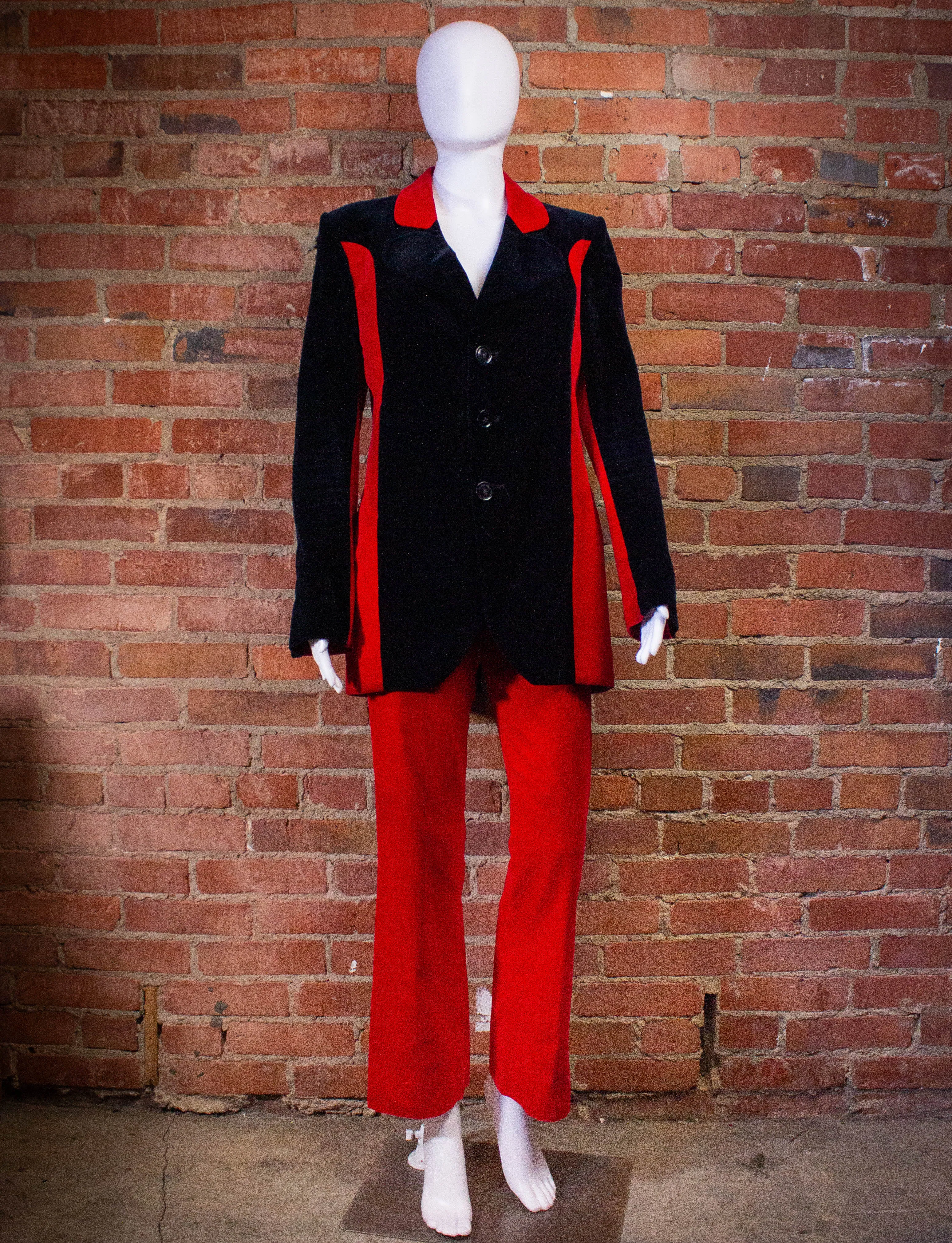 Vintage 70s Granny Takes A Trip Black and Red Velvet Suit Small