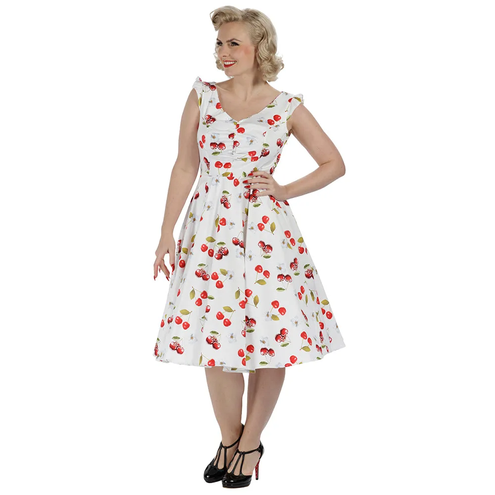 White and Red Cherry Print Rockabilly 50s Swing Dress