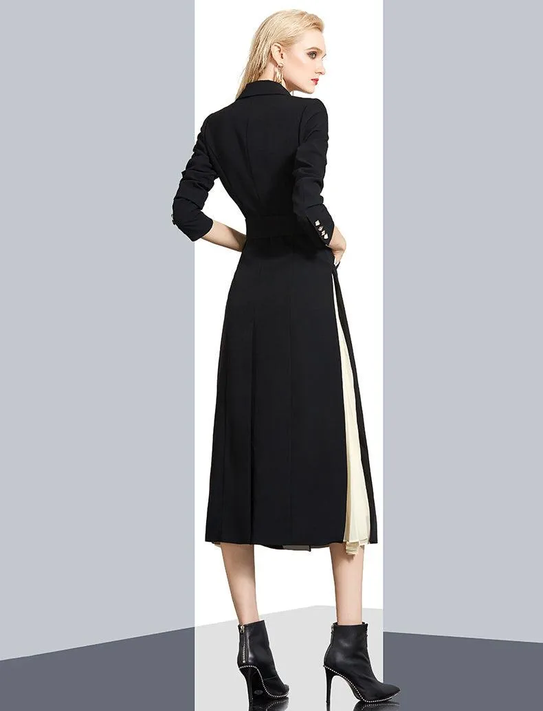 Women Black Beige Color Match Long Trench Dress Coat