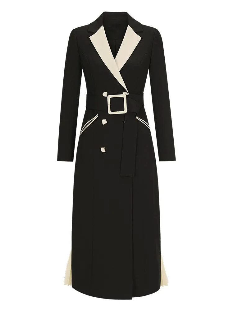 Women Black Beige Color Match Long Trench Dress Coat