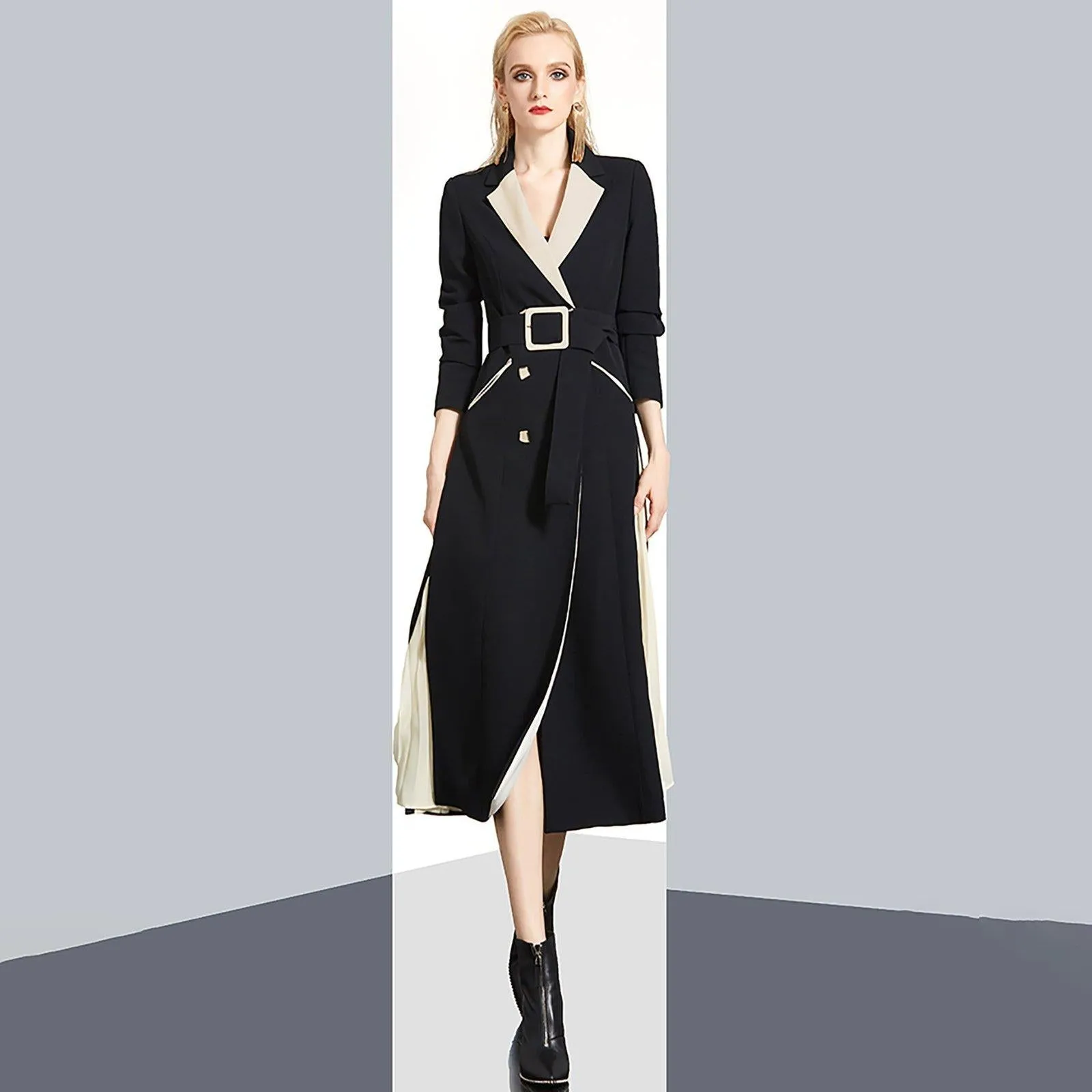 Women Black Beige Color Match Long Trench Dress Coat