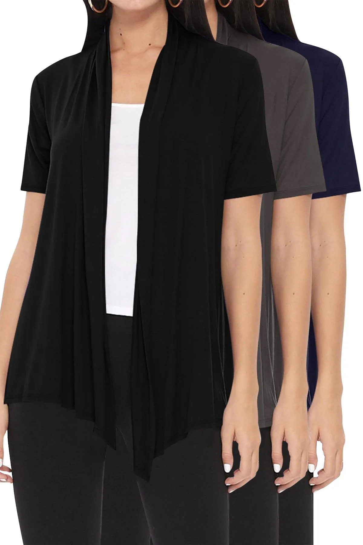 Women's Casual Short Sleeve  Loose Fit Solid Cardigan (Pack of 3)