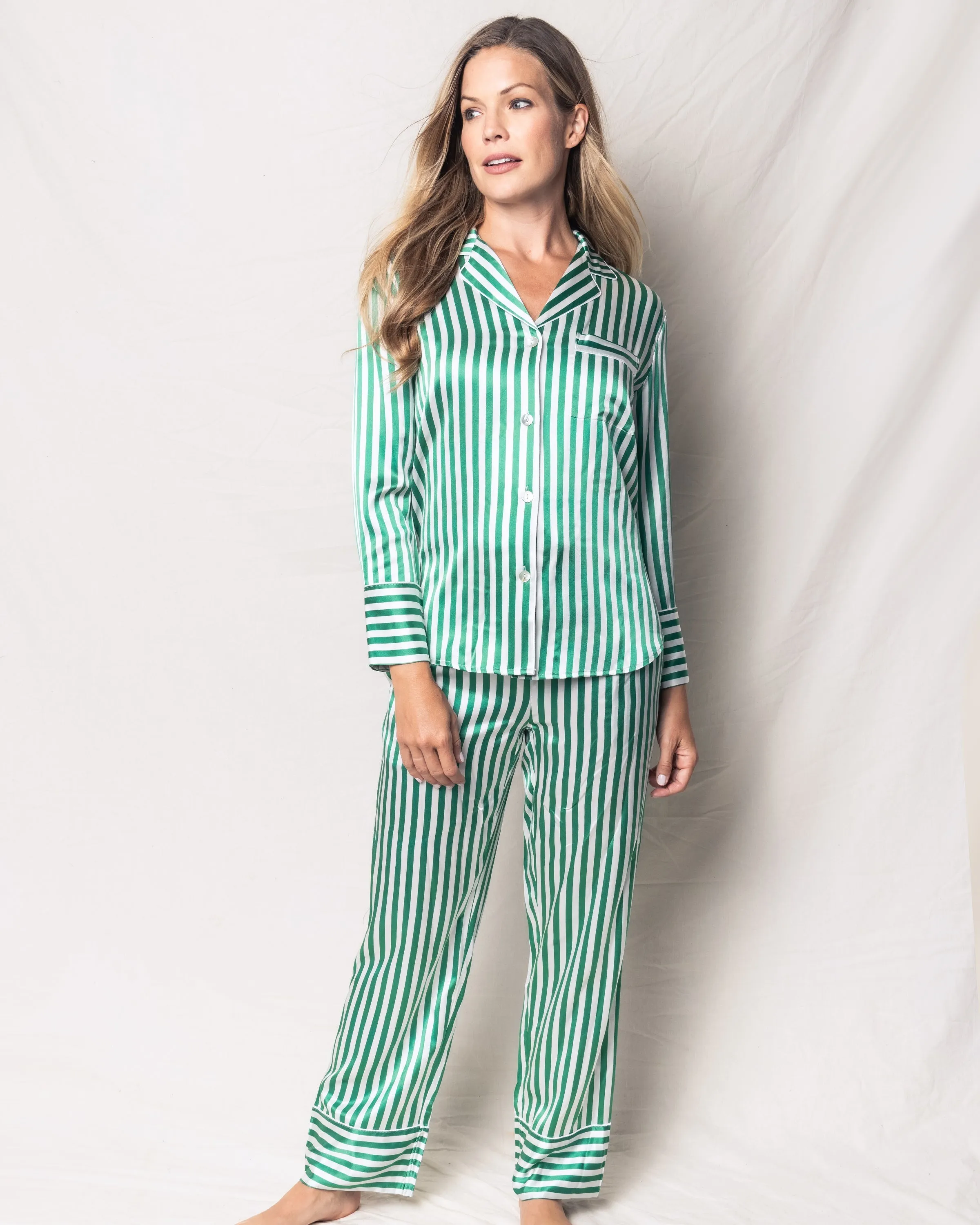 Women's Silk Pajama Set in Green Stripe