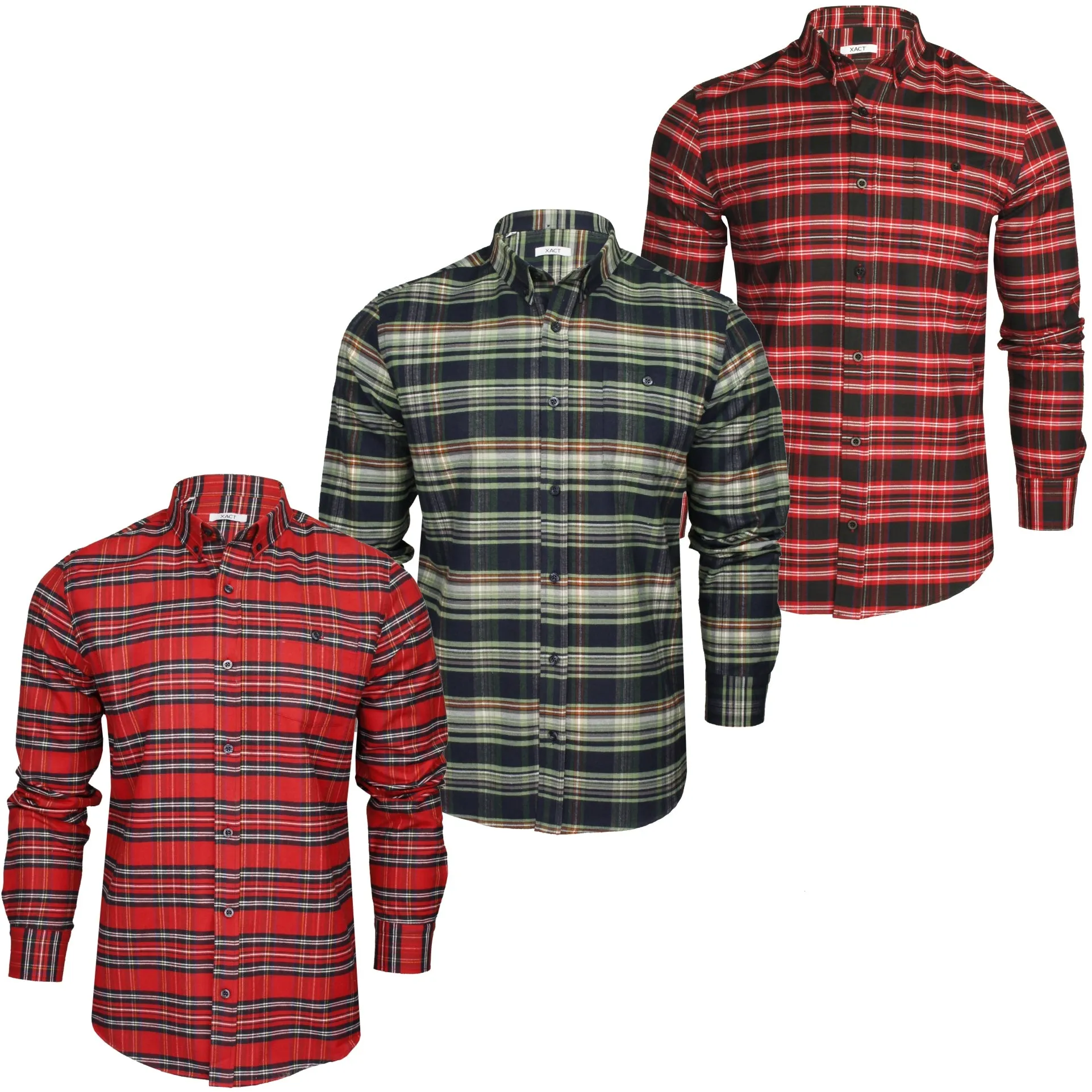 Xact Mens Tartan Plaid Button-Down Check Shirt - Long Sleeved