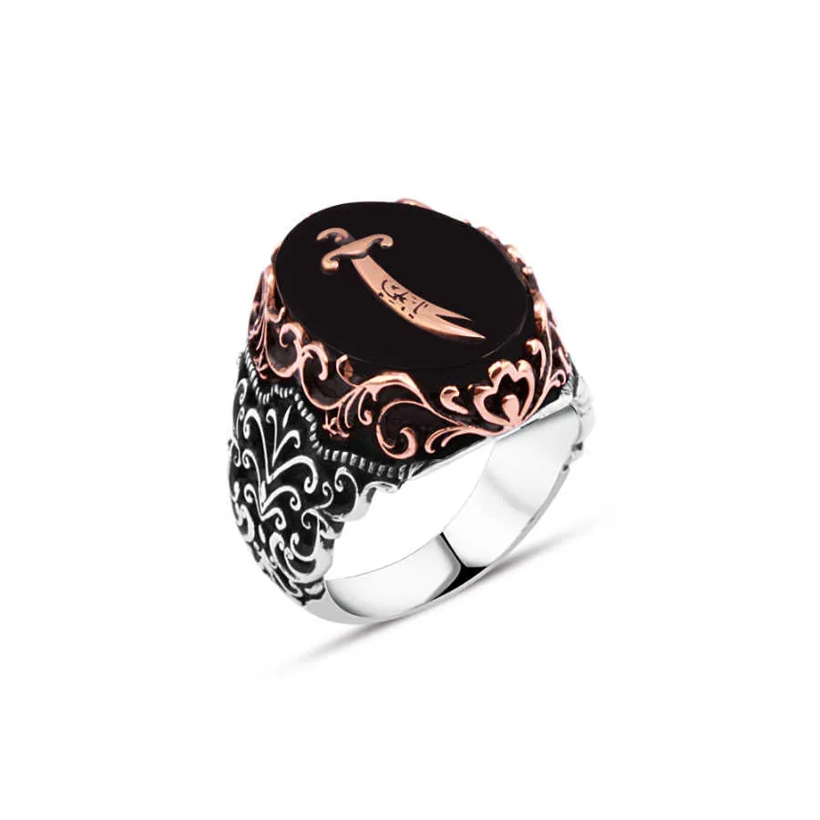 Zulfikar Sword on Black Ellipse Onyx Stone Silver Men's Ring with Wavy Pattern Around