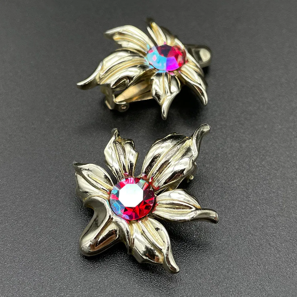 【カナダ輸入】ヴィンテージ EMMONS レッドオーロラ フラワー イヤリング/Vintage EMMONS Red Aurora Flower Clip On Earrings